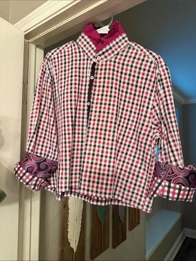 Upcycled Pink Plaid Button-Up Shirt with Paisley Cuffs